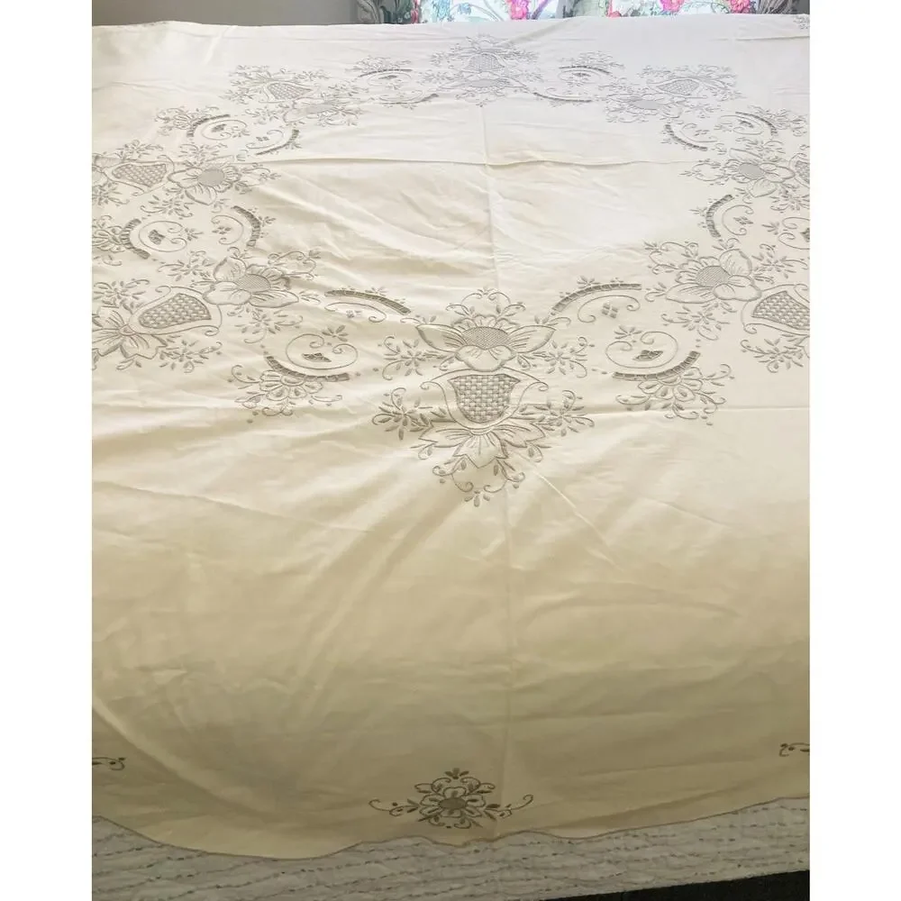 Vintage Large Tablecloth and 12 Napkins Embroidered Cream Grey Floral Bell Gray